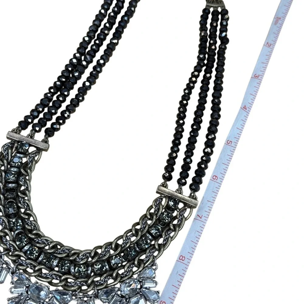 LOFT‎ Statement Necklace Black Silver Multi Strand Rhinestone Crystal Bib
